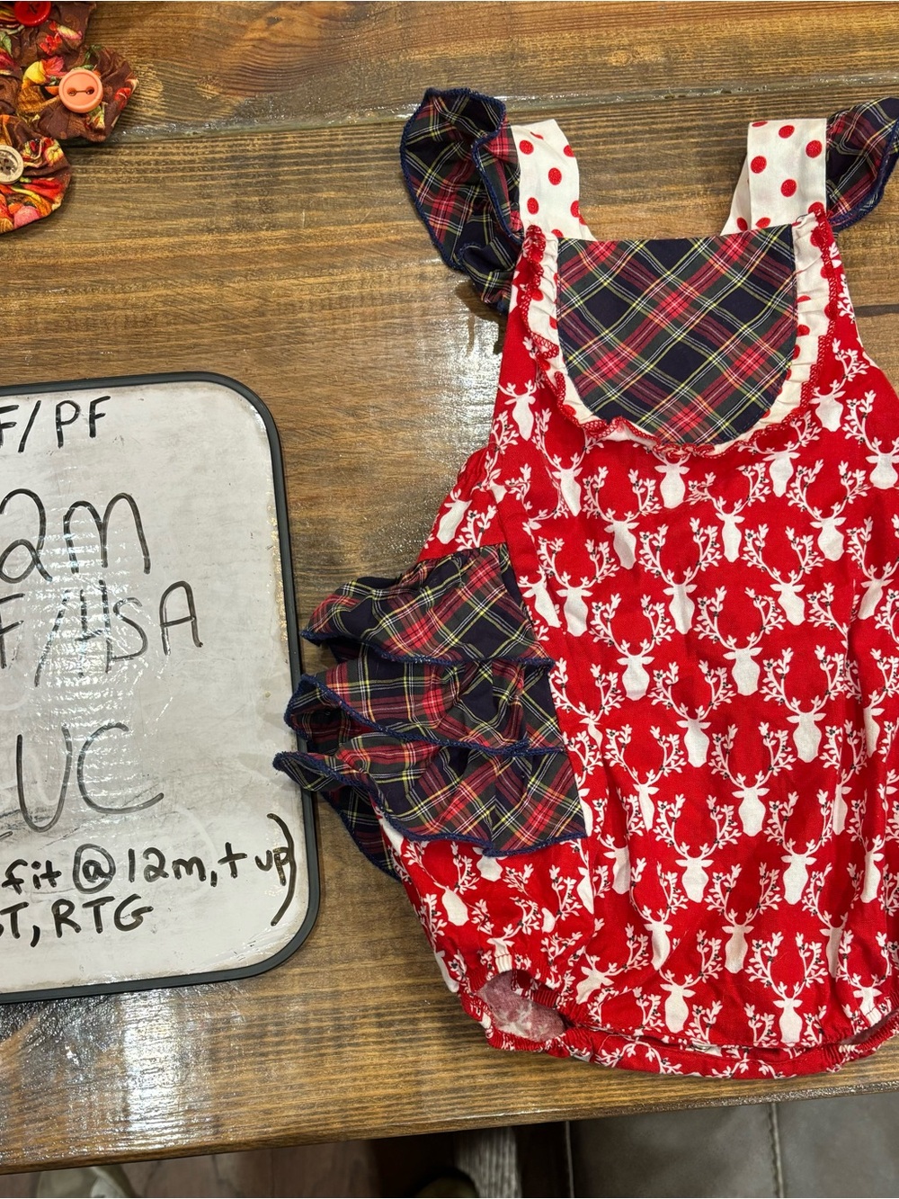 Kids Red Reindeer Plaid One-Piece Christmas Romper